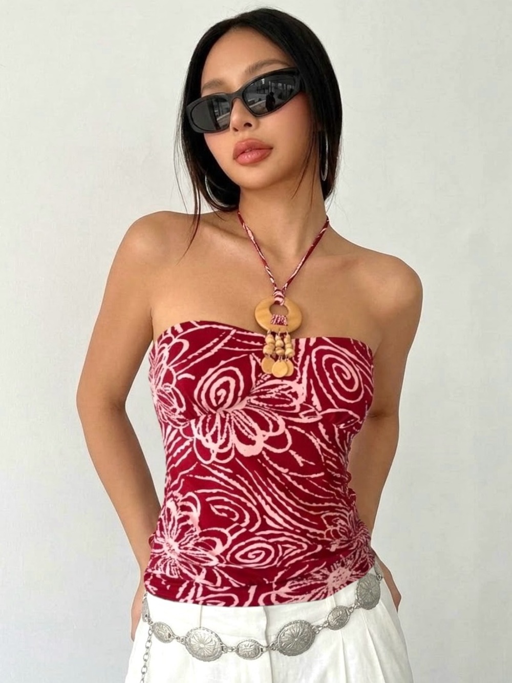 Vtg Speechless Y2K Halter Top Wooden Ring Beaded Red Swirl Floral Size Medium
